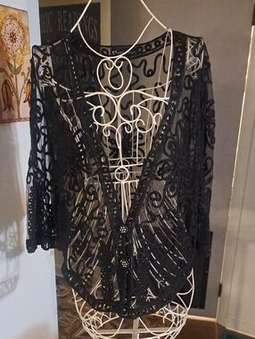 Pretty Angel Y2k Black Sheer Boho Lace Cardigan/Cover-Up, OS